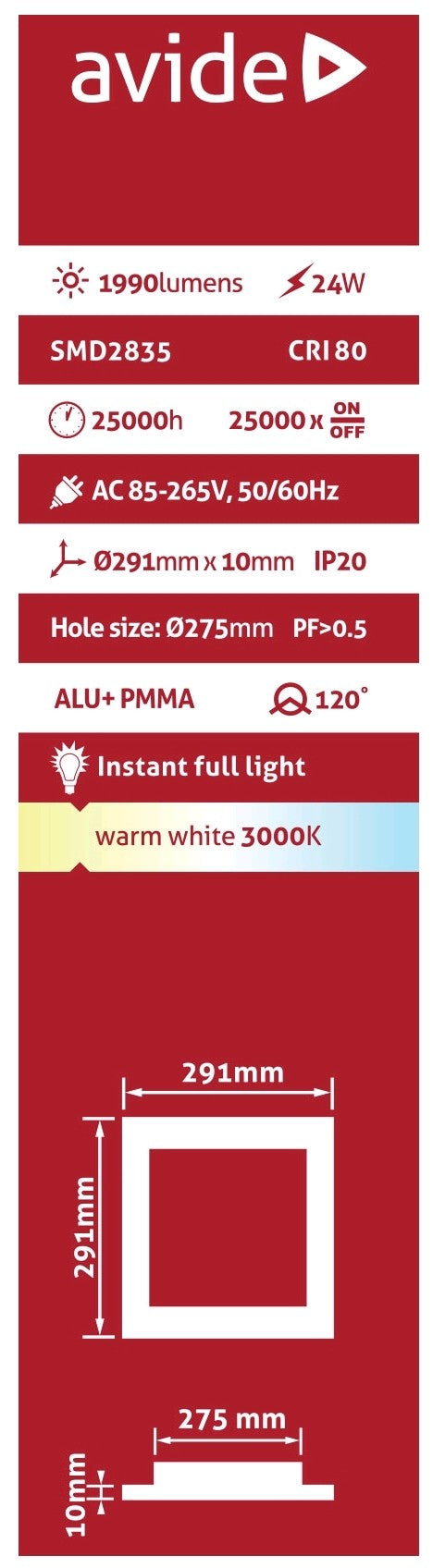 Avide 913100 Vgradna stropna svetilka LED 24W WW 1990 lm