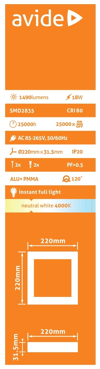 Avide 280997 Stropna svetilka LED 18W NW 1490 lm