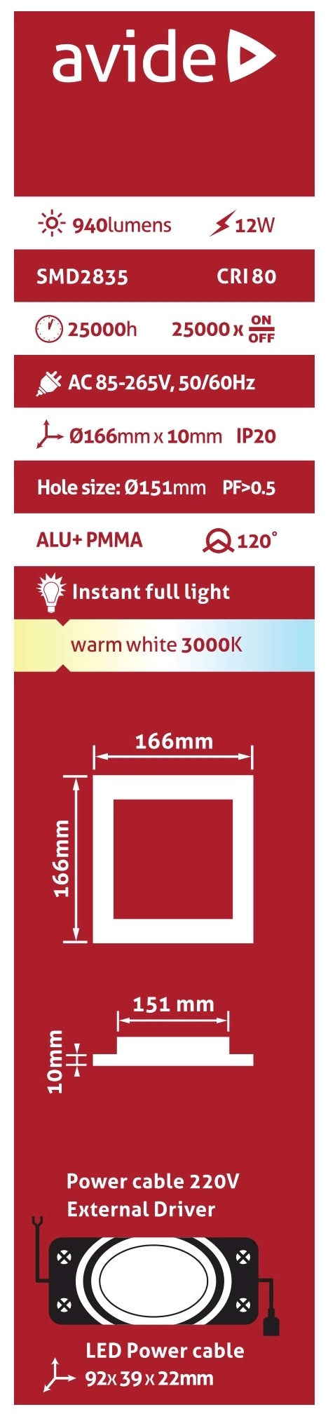 Avide 281239 Vgradna stropna svetilka LED 12W WW 940 lm