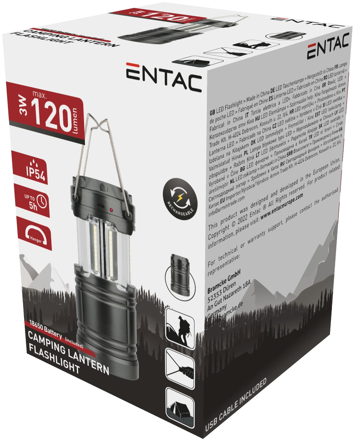 Entac 91085 Svetilka za kampiranje - solarna 3W 120lm 3xAA/18650 IP54
