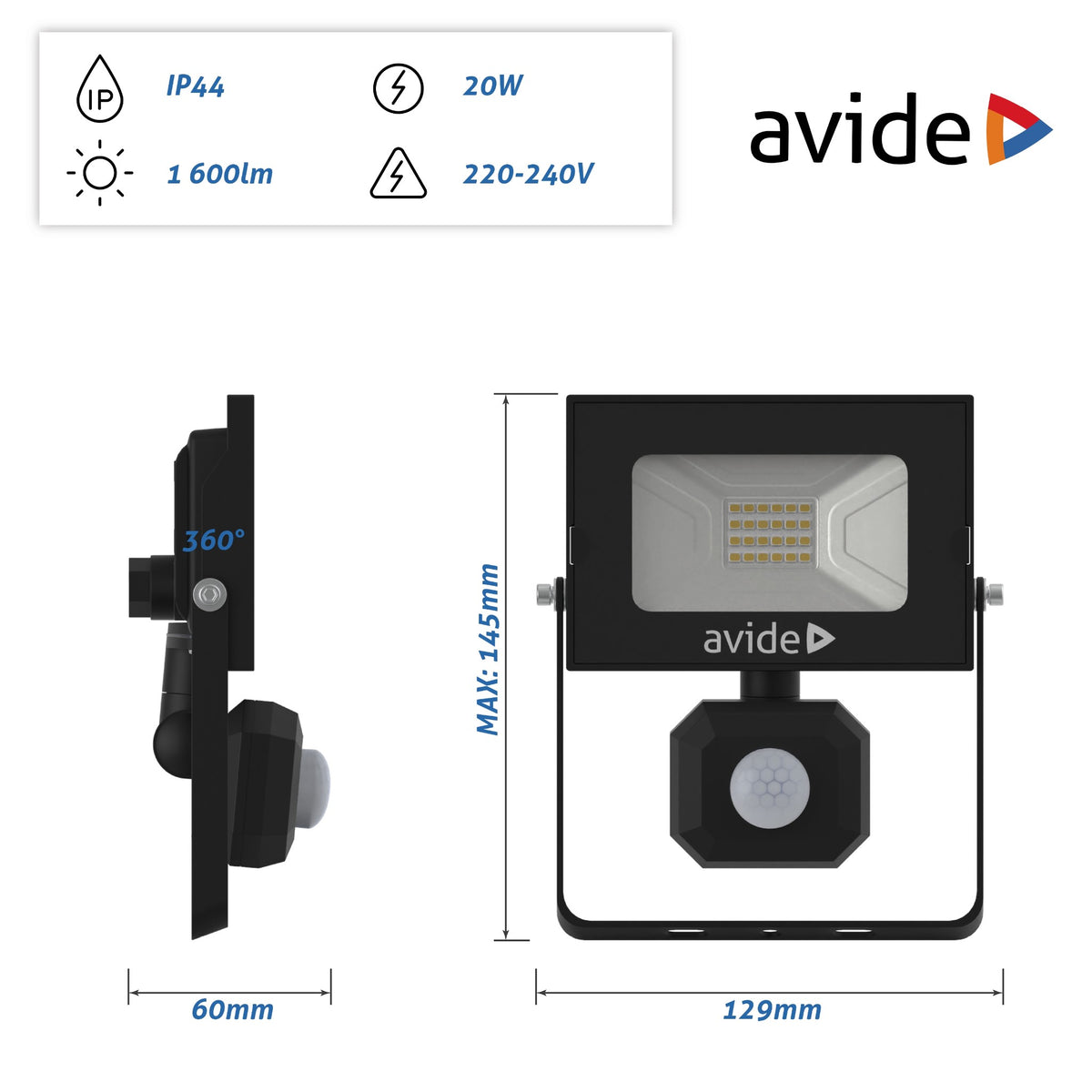 Avide 909004 SMD LED Reflektor Slim s senzorjem gibanja 20W NW 1600 lm